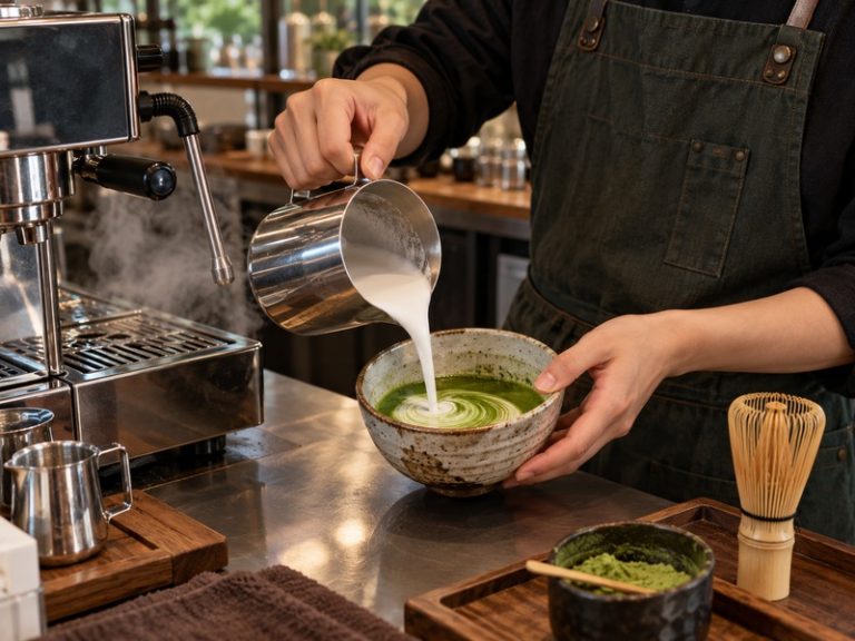 Matcha latte for coffee machine service with steamed milk poured into a separately mixed matcha base