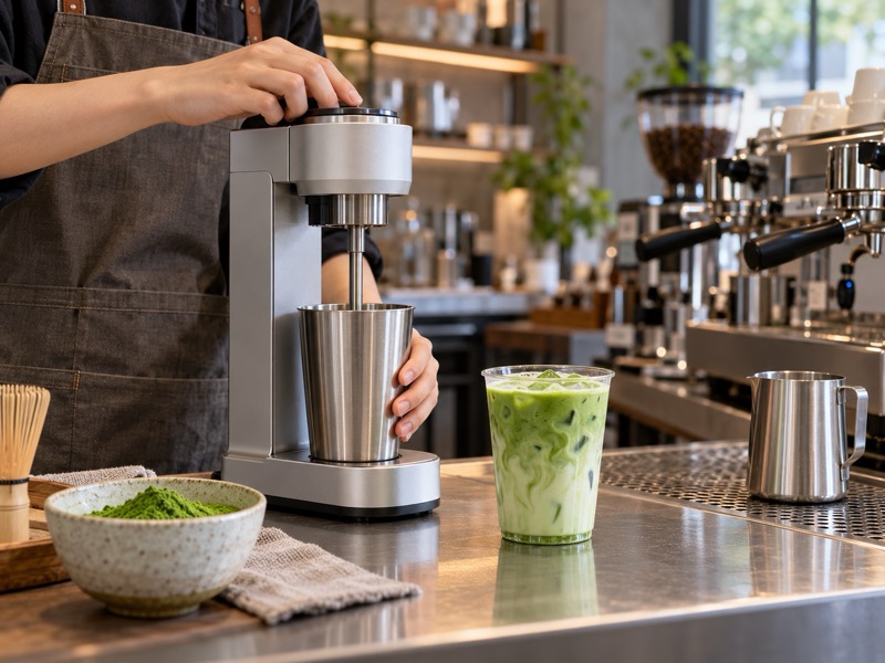 Barista testing a compact matcha latte machine beside café equipment