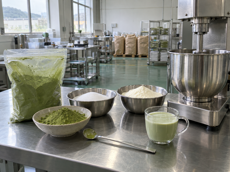 Unbranded matcha latte powder ingredients measured on a clean foodservice development bench