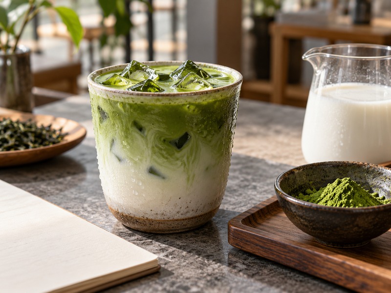 Barista measuring powder for a matcha latte no sugar menu build