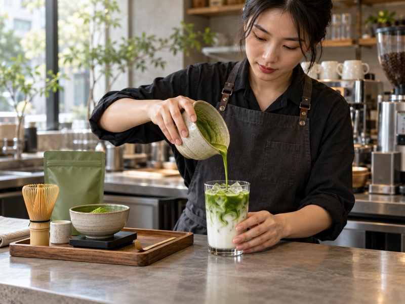Chinese café barista pouring whisked matcha into an iced unsweetened milk latte