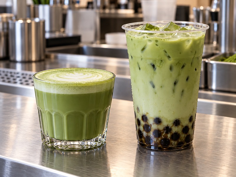 Matcha latte vs matcha milk tea samples prepared side by side at a Chinese beverage development bar
