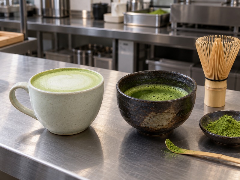 Matcha latte vs matcha tea tasting cups at a Chinese café product development counter