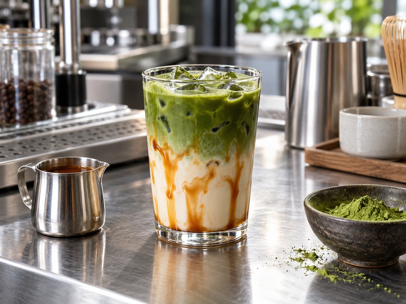 Layered matcha latte with caramel prepared at a commercial café bar in mainland China