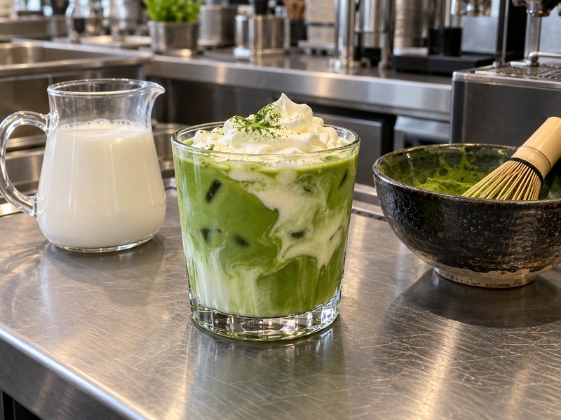 Matcha latte with heavy cream trial showing integrated cream and whipped topping samples at a Chinese café bar
