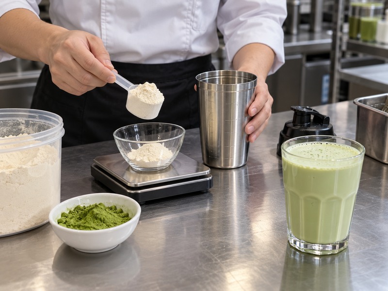 Matcha latte with protein powder being mixed at a mainland China café development station