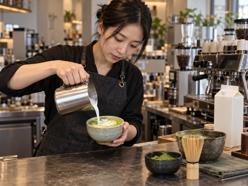 Barista steaming soy milk for a matcha latte with soy milk
