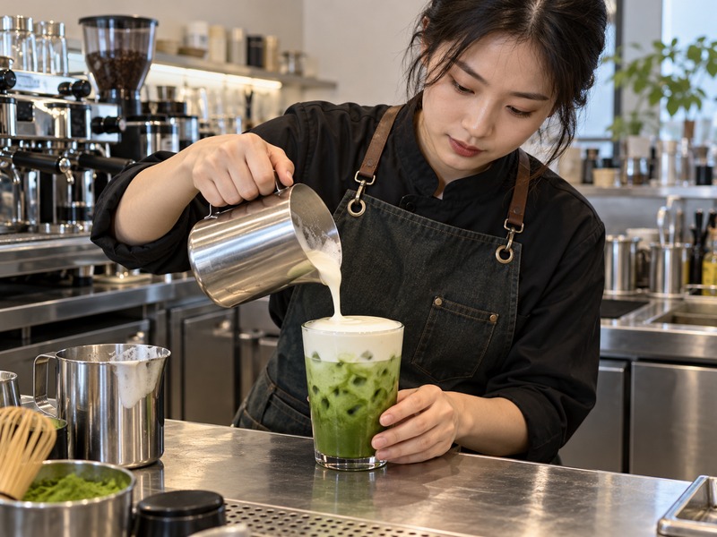 Barista assembling a matcha latte with sweet cream cold foam