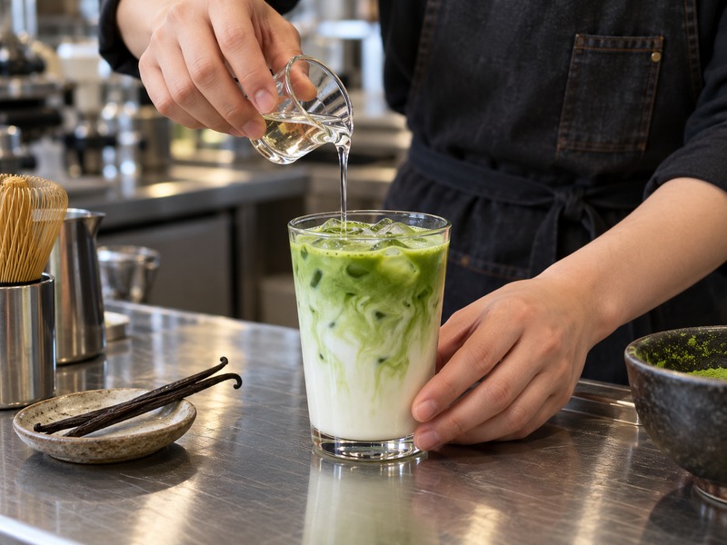 Matcha latte with vanilla syrup measured in a Chinese café development kitchen