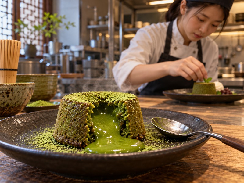 Chef checking the flowing center of a matcha lava cake in a commercial kitchen