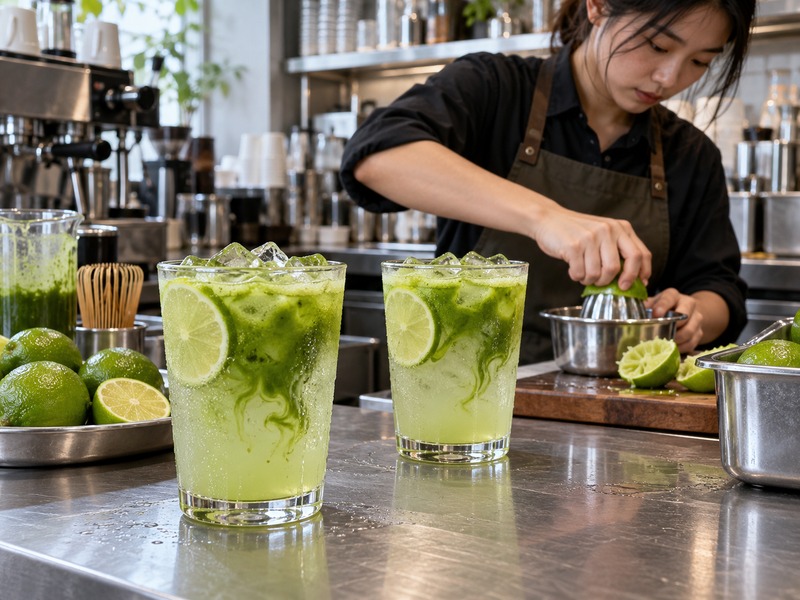 Matcha limeade formulation trial with lime and dispersed matcha in a Chinese beverage lab