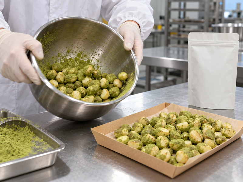 matcha macadamia commercial development sample in a mainland China pilot kitchen