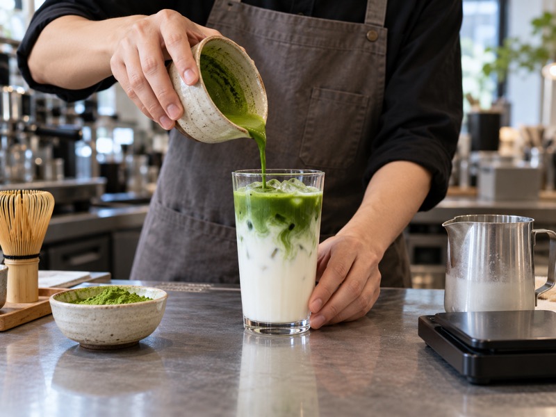 Chinese café barista pouring matcha concentrate over iced milk to make a matcha macchiato