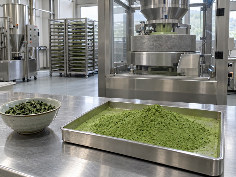 Green tea leaf material and matcha powder in a mainland China processing facility