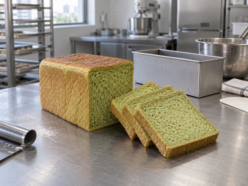 Sliced matcha milk bread on a mainland China bakery development bench