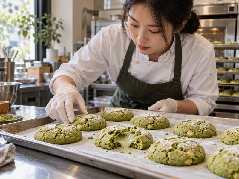 Matcha mochi cookies with visible chewy centers on a commercial bakery inspection tray