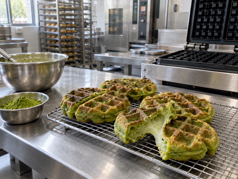 Matcha mochi waffles in a Chinese café development kitchen