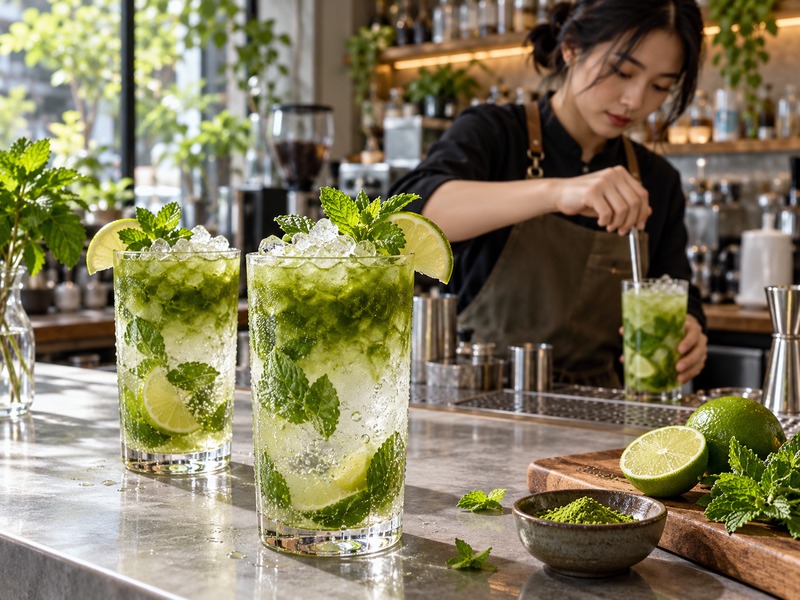 Beverage developer preparing a matcha mojito with lime and mint at a café research counter