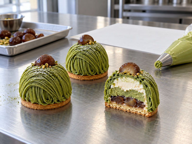 matcha mont blanc commercial development sample in a mainland China pilot kitchen