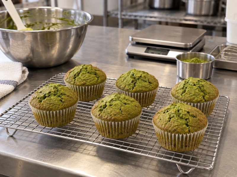 Matcha muffins cooling in a Chinese bakery development kitchen