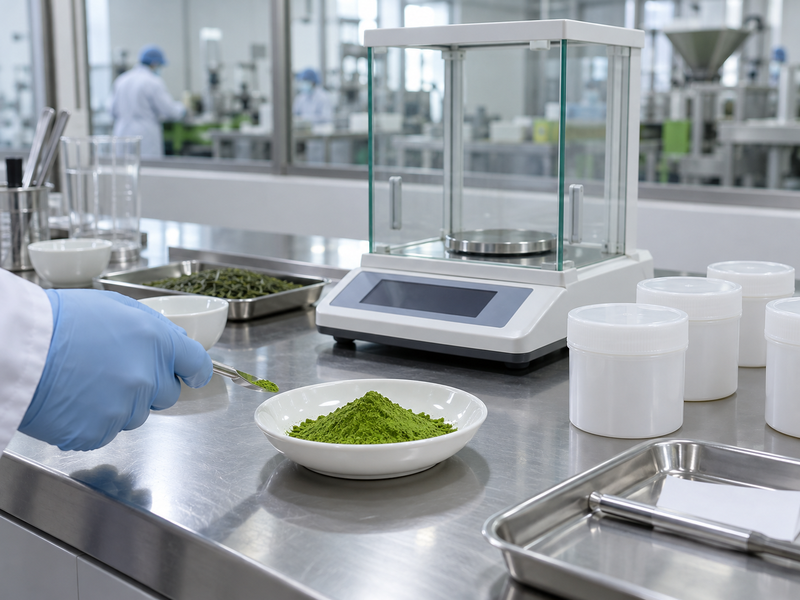 Matcha powder and analysis setup in a mainland China food quality lab