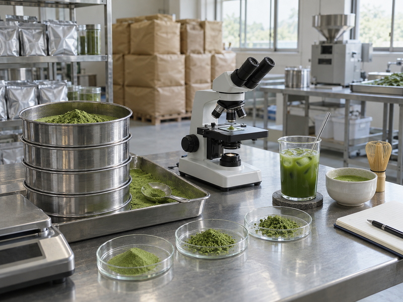 Matcha powder samples beside a laboratory sieve, particle analyzer and stainless-steel sampling tools