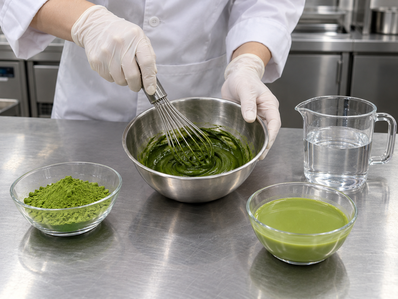 matcha paste commercial development sample in a mainland China pilot kitchen