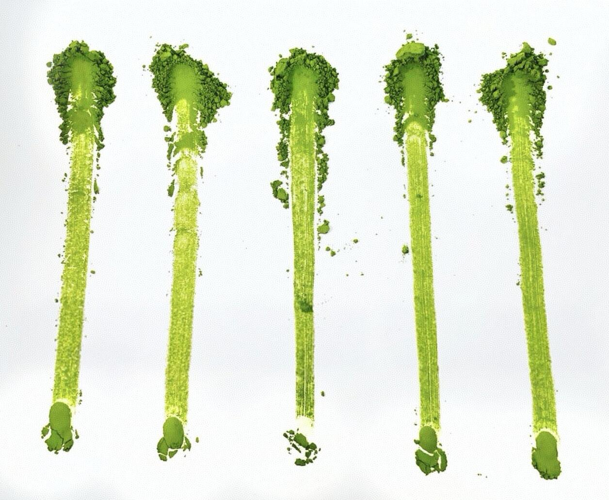 Five matcha powder samples spread on a white surface for color and texture comparison
