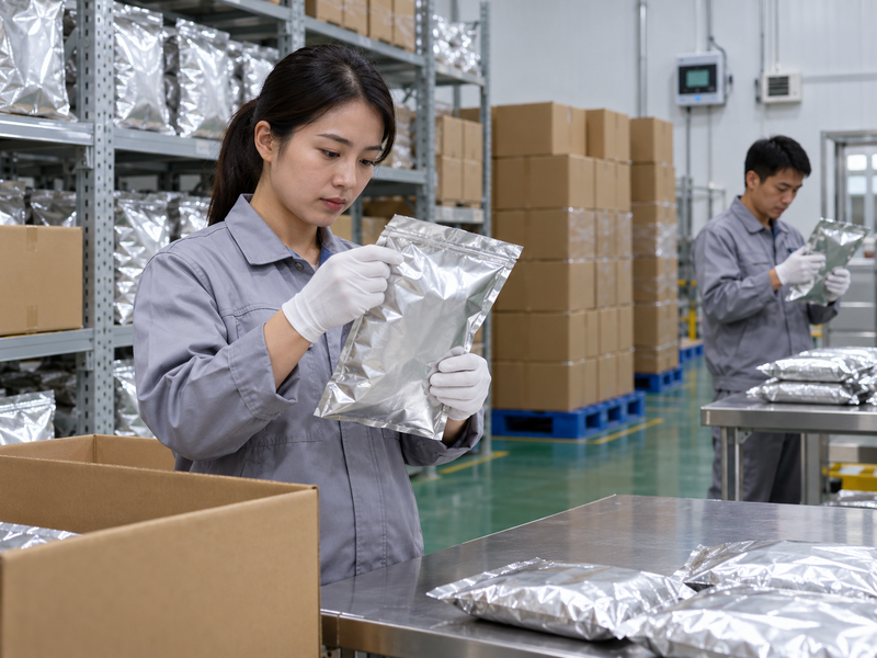 Chinese warehouse quality inspector examines sealed matcha cartons