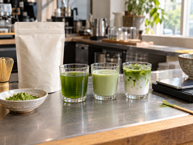 Matcha powder for cafes tested in water, milk, and iced drinks on a development counter
