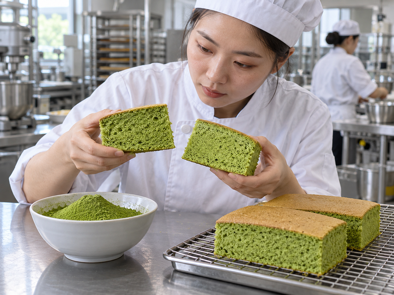 Mainland China cake test kitchen showing matcha sponge slices and powder samples
