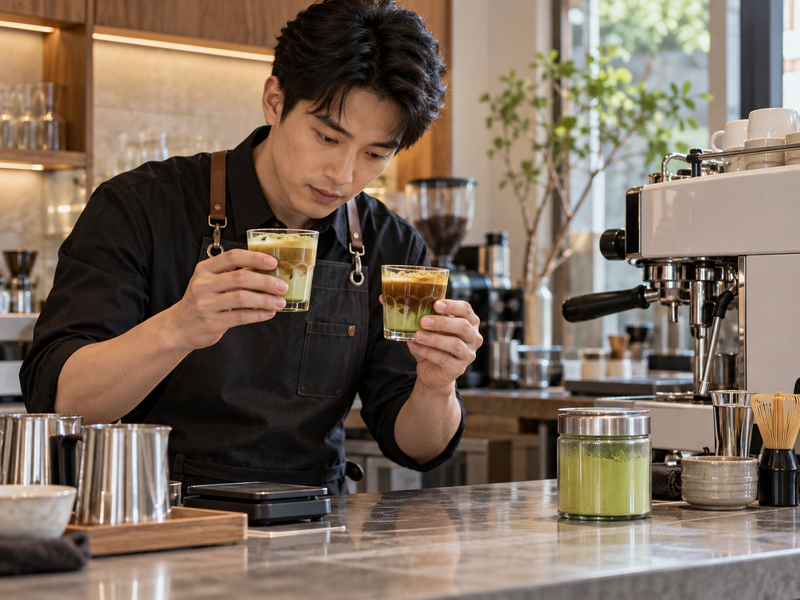 Adult barista comparing matcha and espresso drinks at a mainland China café bar