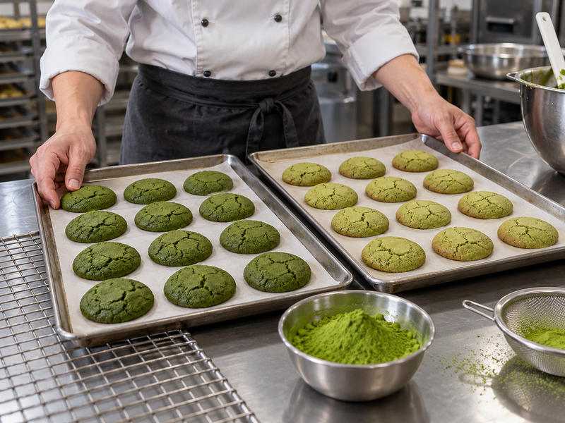 Adult pastry chef examining matcha cookie test batches in a mainland China bakery