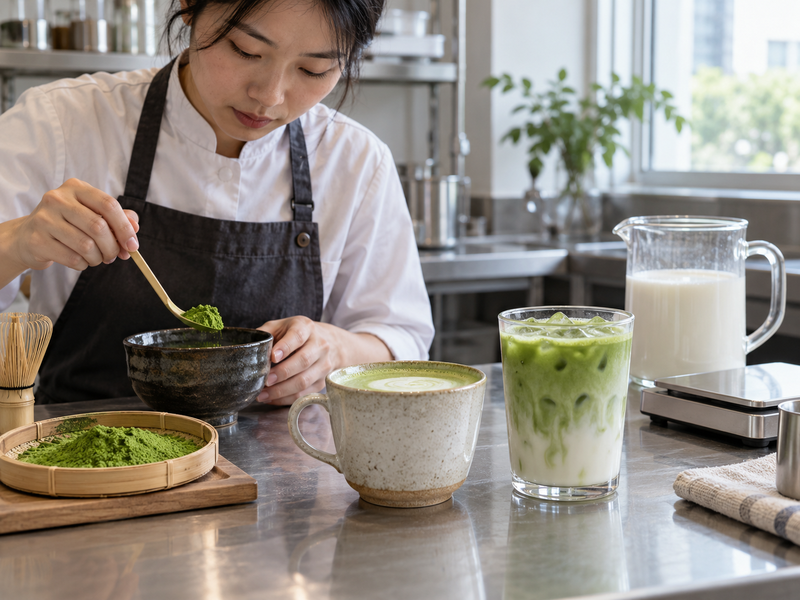 Beverage developer testing hot and iced matcha milk tea in a mainland China foodservice lab