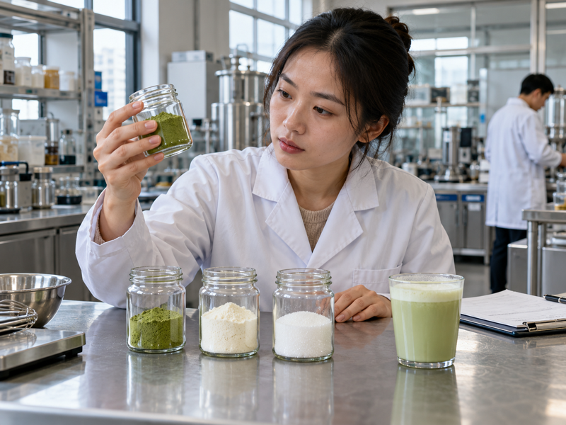 Product developer reviewing unmarked matcha ingredient samples in a mainland China factory