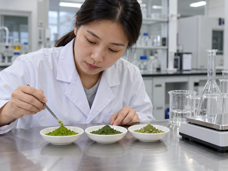 Mainland China quality technician comparing matcha powder samples in a bright food laboratory