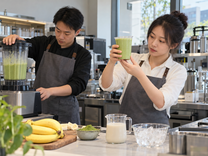 Café staff testing a matcha smoothie at a mainland China beverage counter