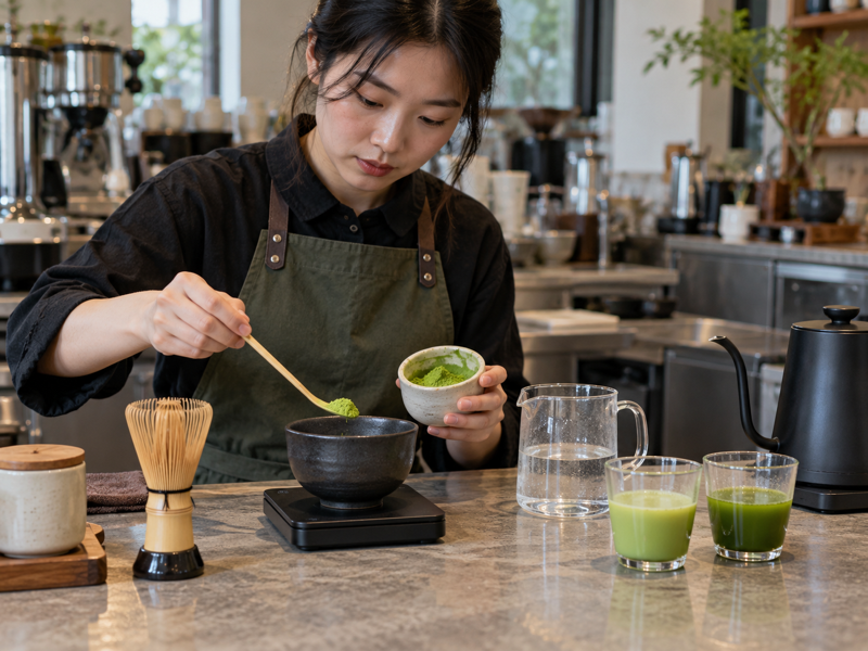 Barista weighing matcha and water for a recipe test in a mainland China café
