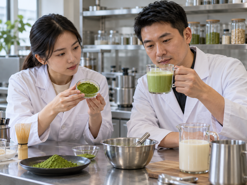 Product developer prepares matcha with plant milk at a Chinese beverage facility
