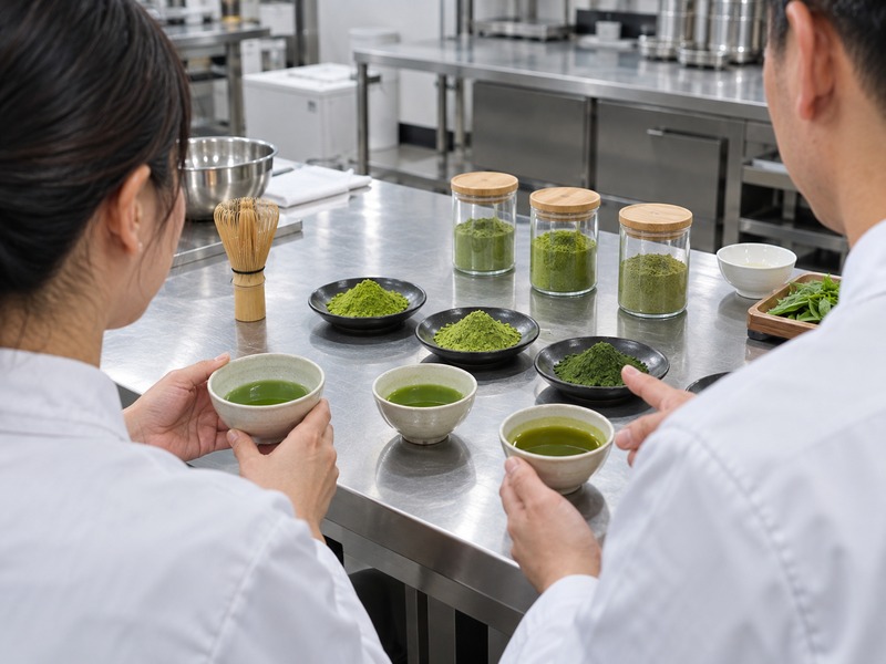 Adults reviewing matcha samples in a mainland China R&D training kitchen
