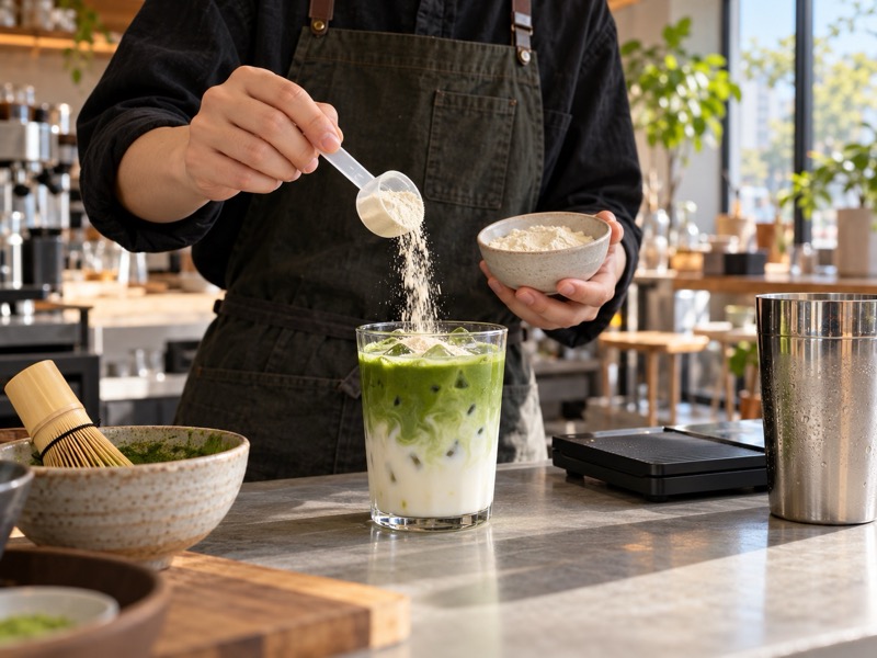 Barista measuring ingredients for an iced matcha protein latte