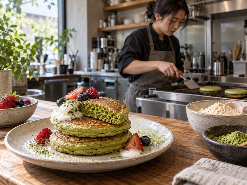Chinese bakery developer cooking matcha protein pancakes on a commercial griddle