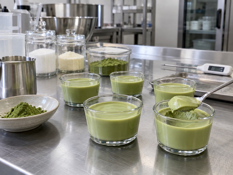 Matcha pudding samples in a Chinese dessert development kitchen