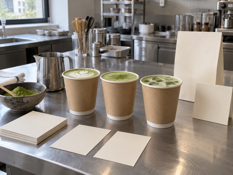 Matcha drinks and blank package mockups in a mainland China beverage R&D kitchen