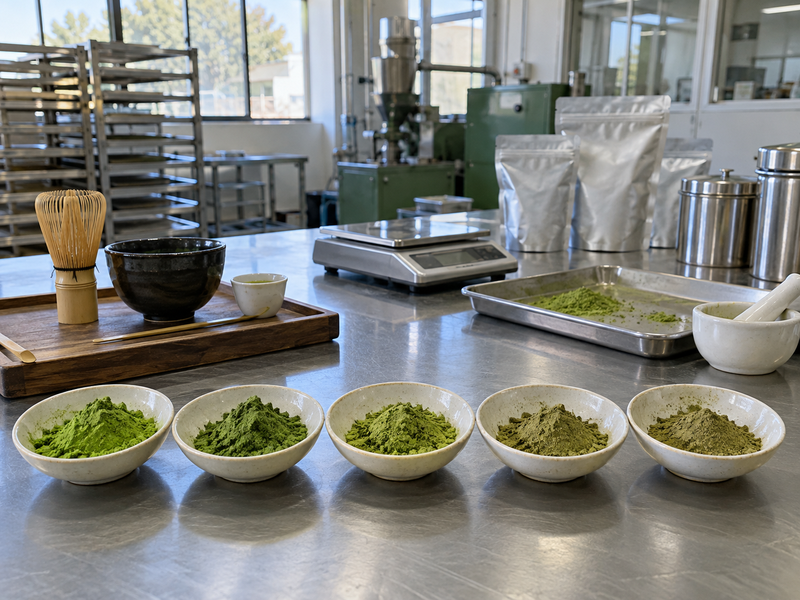 Several matcha powder samples of different green shades on a mainland China factory quality bench