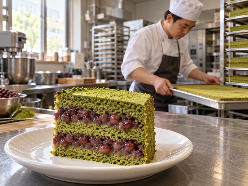 Pastry chef assembling matcha red bean cake layers in a commercial bakery