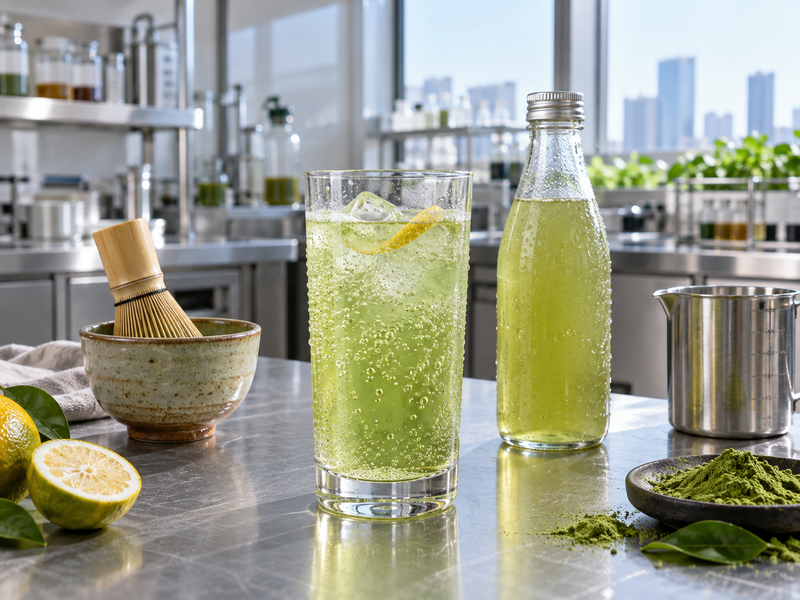 Sparkling matcha seltzer prototype with bubbles in a beverage development kitchen
