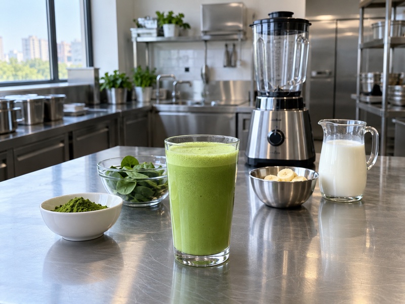Matcha shake sample in a Chinese beverage development kitchen