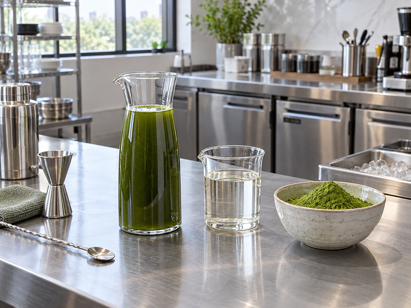 Glass carafe of matcha simple syrup beside clear syrup and matcha powder in a commercial beverage test kitchen