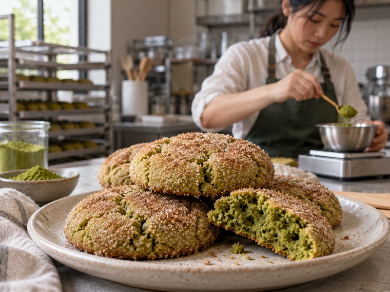 Bakery staff checking matcha snickerdoodle cookies on a production tray
